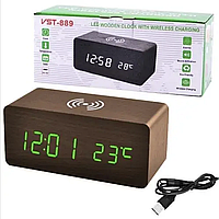 Настольные часы от сети и от батареек с зеленой подсветкой, температурой и зарядкой VST 889-4 (40)