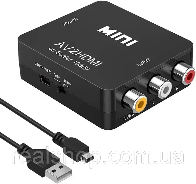 Конвертер AV на HDMI, RCA HDMI з додатковим живленням USB чорний (AV2HDMI)