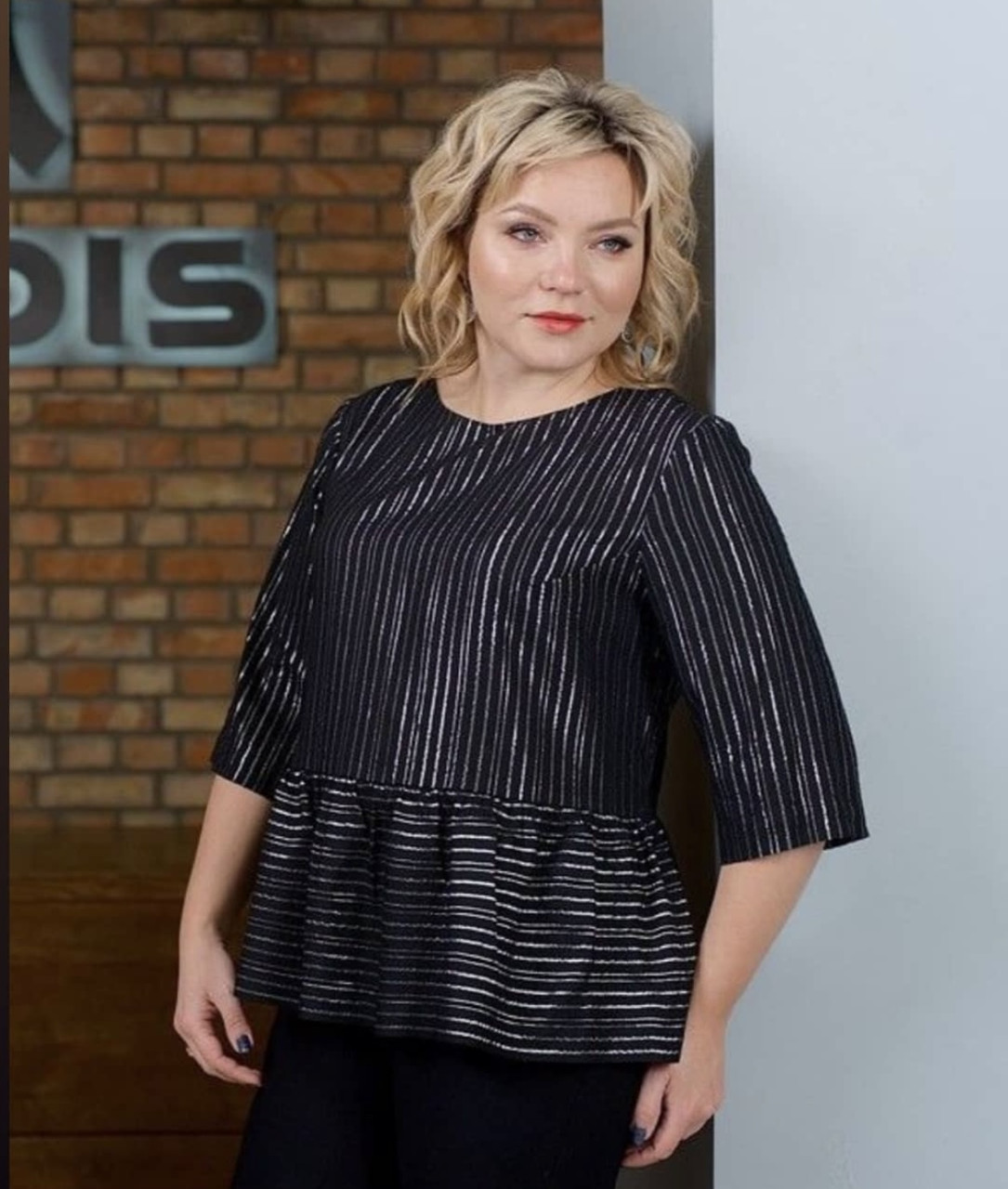 Блуза Modis віскоза рукав 3/4 смужка люрекс бант 48/50 чорна, фото 1