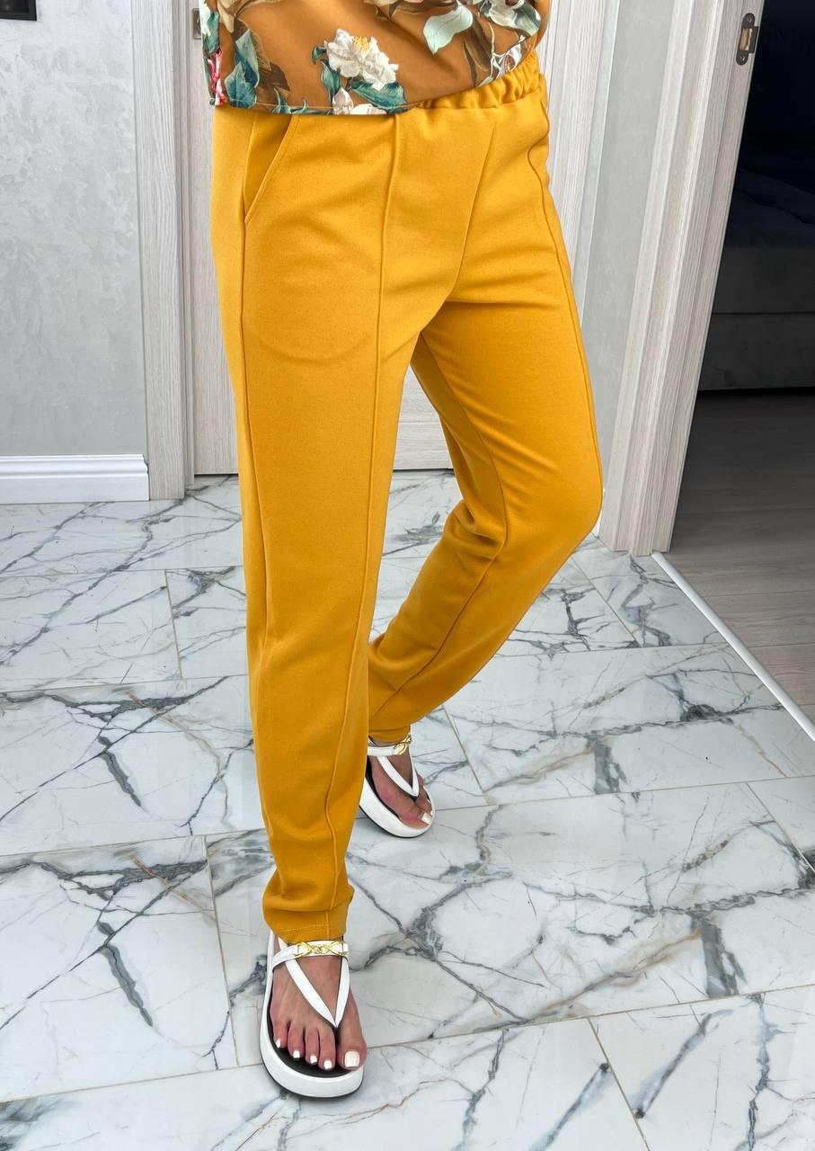 Класичні брюки жіночі на резинці брюки гірчичні літні трикотажні штани жіночі звужені на літо, фото 1
