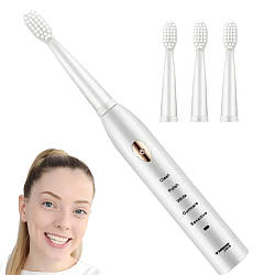 Електрощітка зубна 5режимів, 4 насадки, Біла / Зубна щітка акумуляторна / Щітка зубна з таймером