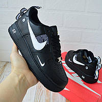 Nike Air Force 1, чорні з білим, шкіра, ТОП кросівки найк аір форс кроссовки