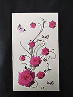 Наклейка для тела тату Розочки с бабочками 95 на 60 мм розовый