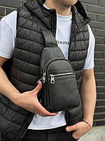 Шкіряна сумка-слінг 18х32х7 / рюкзак через плече / нагрудна сумочка для чоловіка / чорна, фото 6