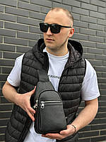 Шкіряна сумка-слінг 18х32х7 / рюкзак через плече / нагрудна сумочка для чоловіка / чорна, фото 7