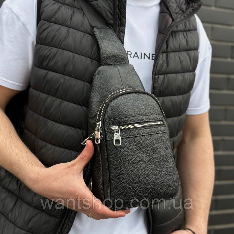 Шкіряна сумка-слінг 18х32х7 / рюкзак через плече / нагрудна сумочка для чоловіка / чорна, фото 1