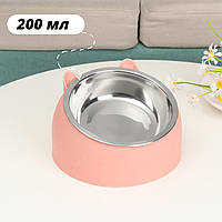 Миска 200 мл для котов и собак из нержавейки для корма и воды с ушками (розовая)