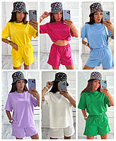 Женский летний повседневный костюм (футболка+шорты): 42-44, 46-48 - голубой, малина, зелёный, желтый, сирень