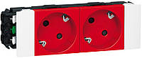 Legrand MOSAIC блок розеток 2хSchuko под углом 45° (16А, 250В), автом клем 4мод, красный, в короб Zruchno и