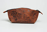 Жіноча шкіряна косметичка ручної роботи, орнамент "Марки", фото 5