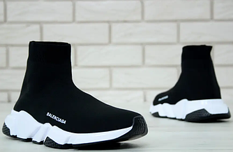 Чоловічі кросівки шкарпетки Balenciaga speed trainer black white Взуття Баленсіага снікерси чорно-білі текстильні