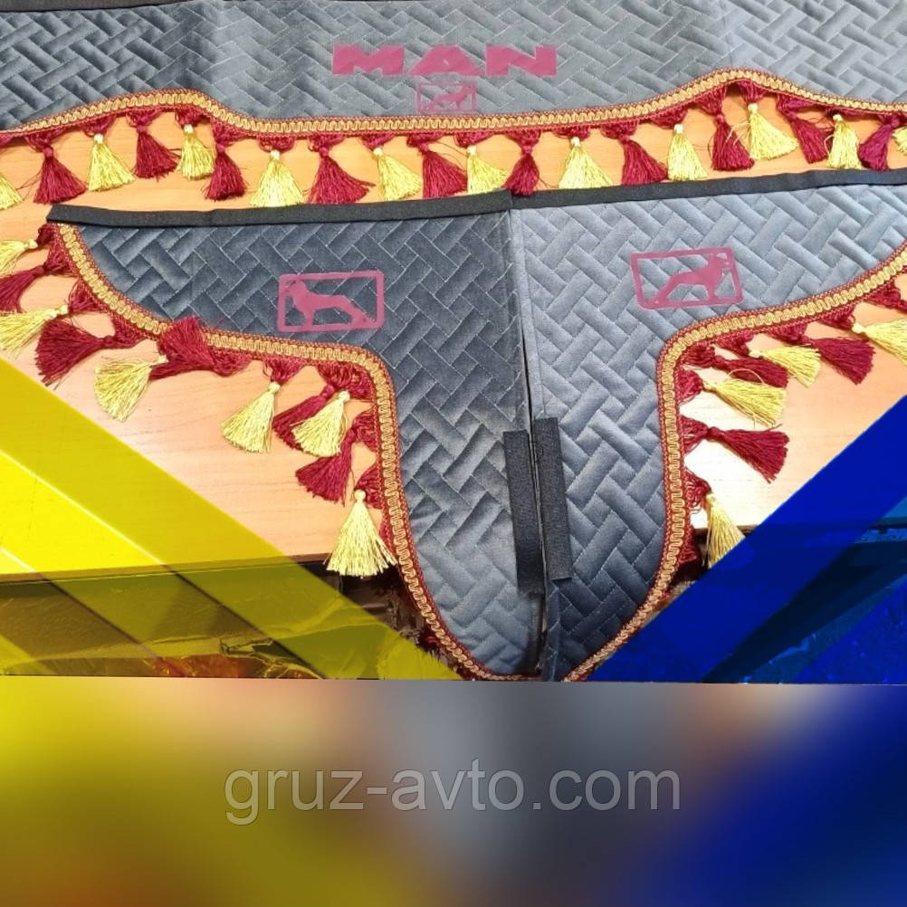 Штори велюр преміум в кабіну MAN МАН еко шкіра лобове скло-1 та бічні-2 сірий бахрома золото-бордо, фото 1