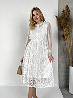 Жіноча біла гіпюрова сукня міді