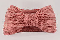Женская теплая вязаная зимняя повязка на голову "Бант" Розовая (091358)