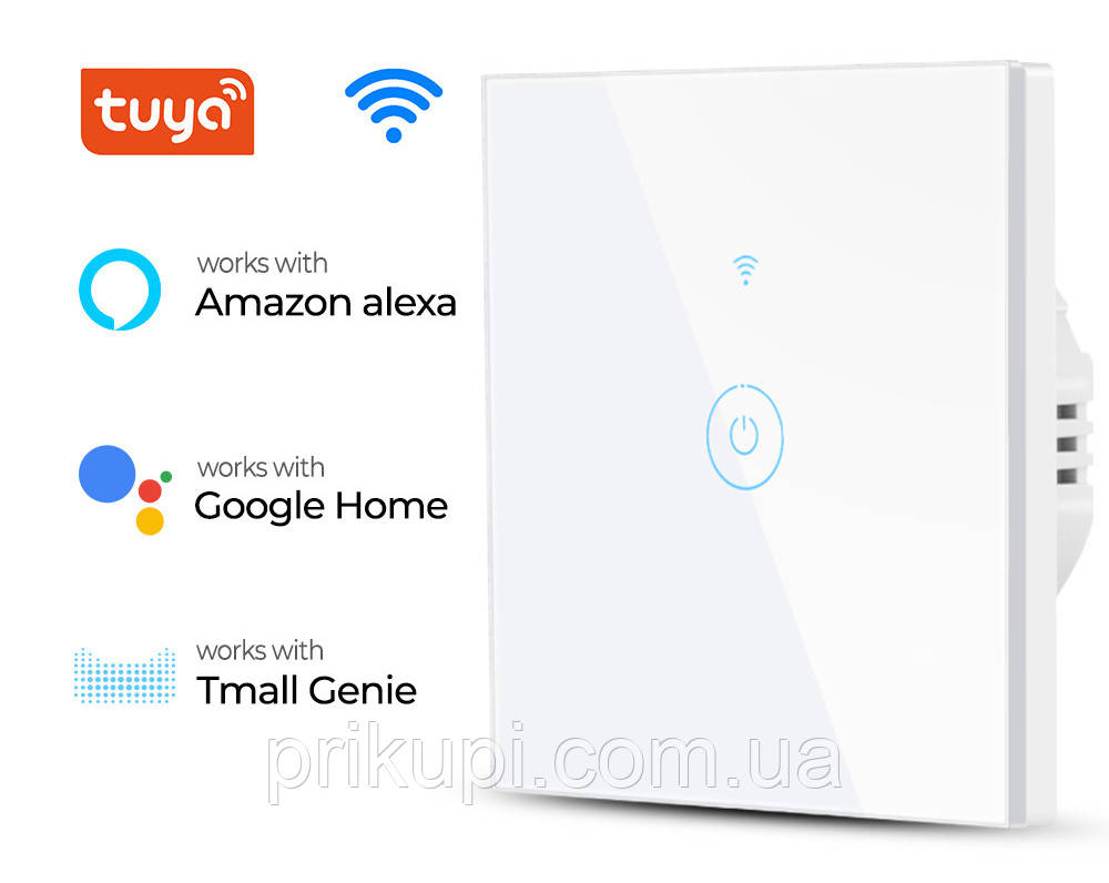Розумний сенсорний вимикач світла з Wi-Fi одноклавішний, Tuya TMW401 220 В, Білий, Скло