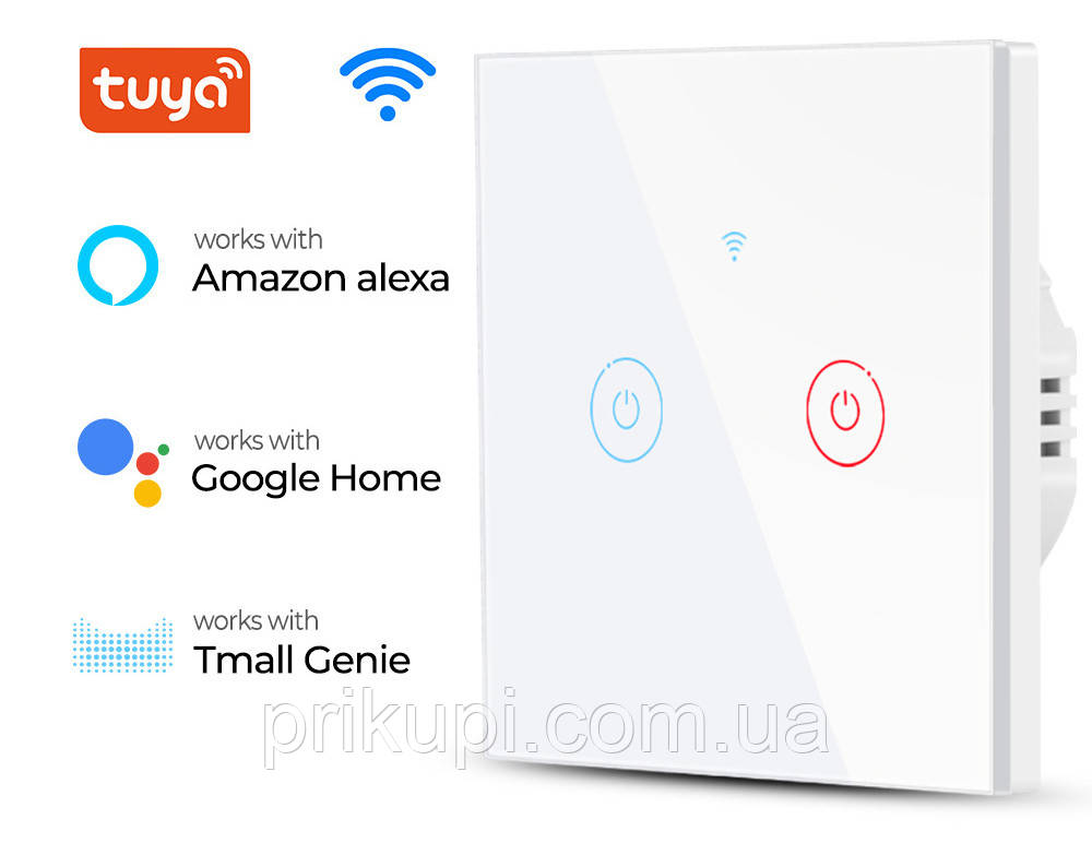 Розумний сенсорний вимикач світла двоклавішний, Tuya TMW401 220В Wi-Fi, Білий, Скло