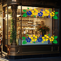 Наклейка виниловая интерьерная декор на окно (витрину, стекло, зеркало) "Цветы. Желто-синие цветы" из оракала