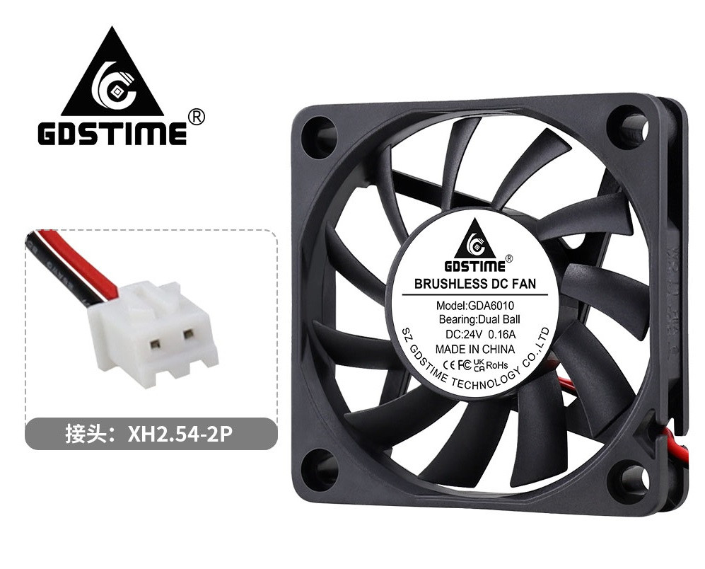 Вентилятор GDSTIME GDA6010 24V 0.16A 3800rpm, безщітковий, два підшипники, XH2.54-2pin, для 3Д-принтера та верстатів ЧПК