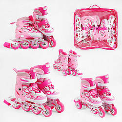Ролики дитячі для дівчаток рожеві, розсувні, розміри M, L, з підсвічуванням переднього колеса, в сумці