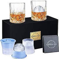 Набор стаканов для виски Lighten Life, 2 хрустальных стакана для бурбона, 2 формы для льда и 2 подставки