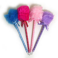 Ручка кулькова синя з бантиком "Хутряний помпон"