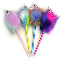 Ручка кулькова синя з хутром "Єдиноріг" mix
