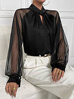Жіноча стильна блузка шовкова з довгим сітчастим рукавом: 42-44, 46-48. Колір: чорний.