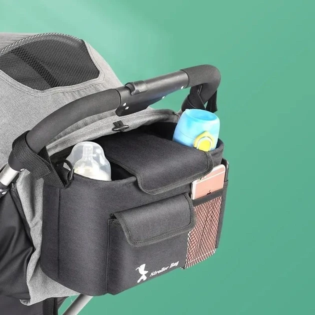 Портативна сумка органайзер для дитячої коляски з кишенькою для телефона, вирізами під бутилочки чорна
