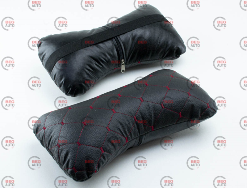 Подушки для шиї на підголівники (2 шт.) 250х170мм Шкірзам чорні, червоний ромб, фото 1