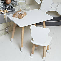 Дитячий прямокутний стіл і стілець білосніжний ведмедик, білий. Столик для їжі, ігор, навчання, малювання
