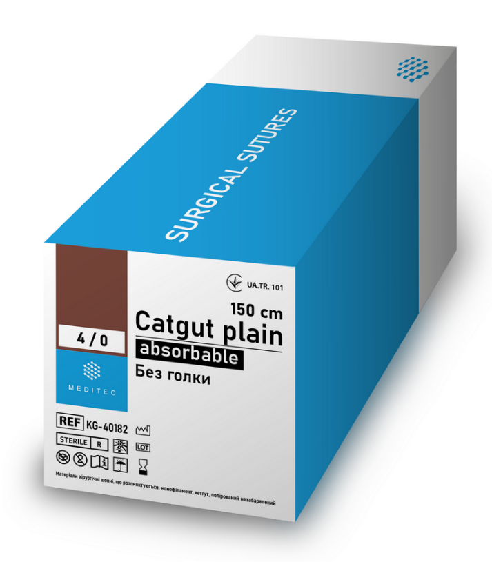 Шовний матеріал Медітек Кетгут простий USP 1, колюча голка 40 мм 1/2 кола, незабарвлений, 75 см - KG-01181