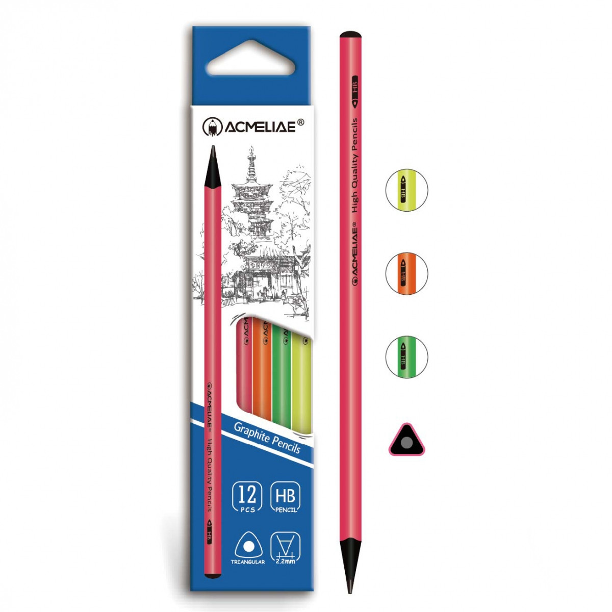 Олівець ч/гр трехгран.корп. HB "Acmeliae" "Неон" черн.дерево, 2,2мм, mix, 12шт/етик.