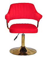 Кресло с подлокотниками на золотой опоре с регулировкой высоты Jeff GD-Base с мягкой обивкой Бархат красный B-1016