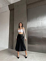 Атласная юбка в длине миди, Шелковая юбка-колокол в бельевом стиле с завышенной талией
