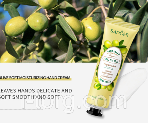 Зволожуючий крем для рук Sadoer Hand Cream Olives із екстрактом оливи, 30 г.