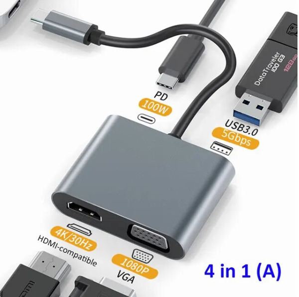4-в-1 HDMl VGA, USB-концентратор, док-станція-розширювач, 4 порти