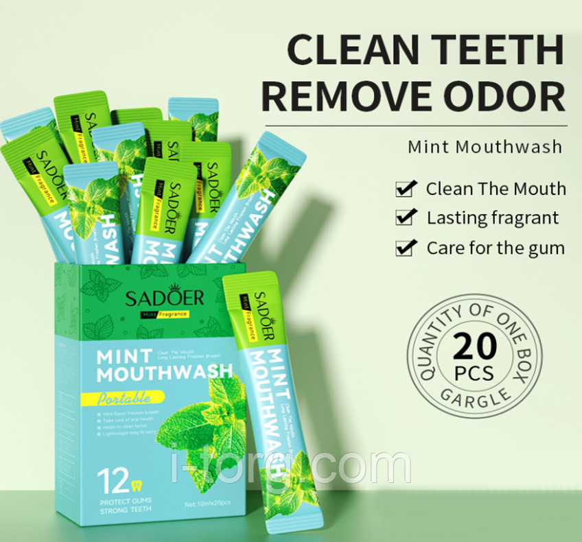 Освіжаючий ополіскувач для ротової порожнини з ароматом м'яти в стику Sadoer, 20шт*10 мл.