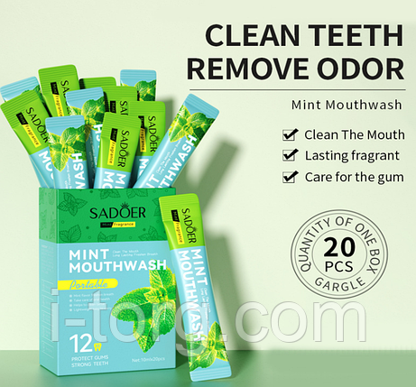 Освіжаючий ополіскувач для ротової порожнини з ароматом м'яти в стику Sadoer, 20шт*10 мл., фото 1