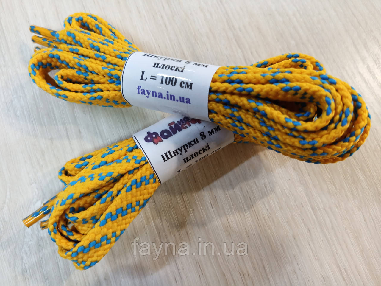 Шнурки ФМ двоколірні плоскі 8 мм, (L = 100 cm) жовто-блакитні