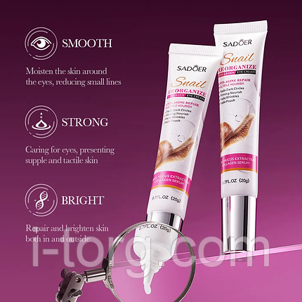 Поживний крем, що відновлює, для шкіри навколо очей з муцином равлики Sadoer,20г., фото 1