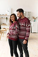 Новогодний свитер с оленями мужской женский | Свитера с узором олень бордовые