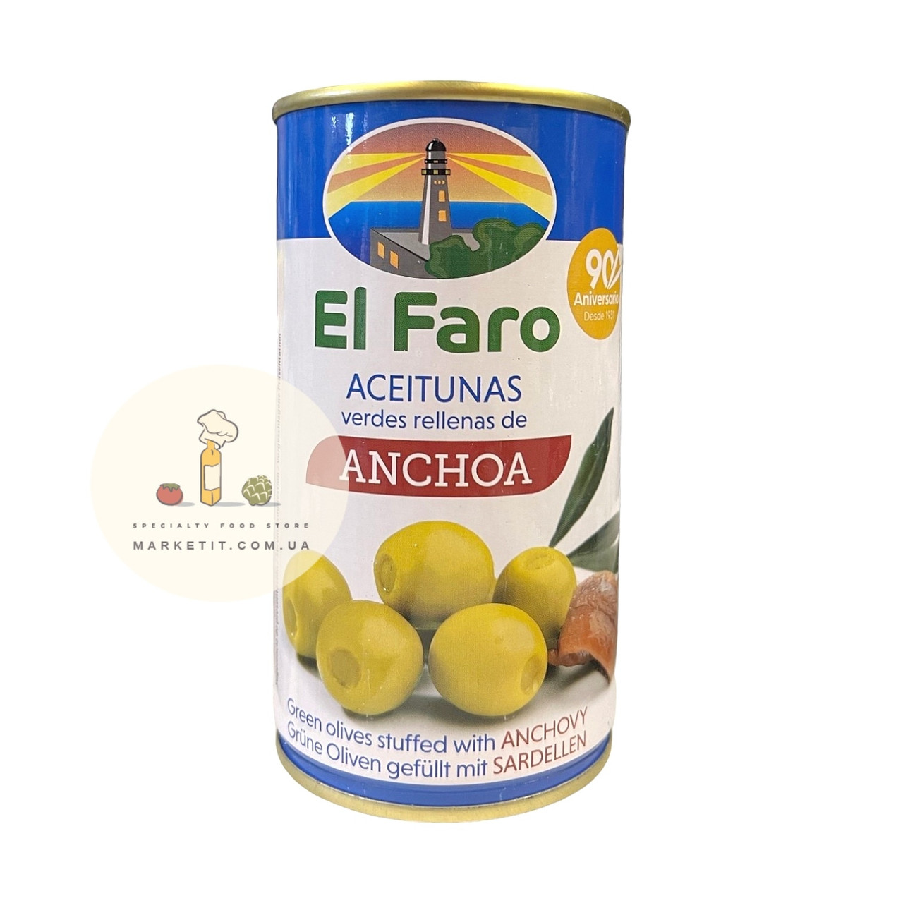 Зелені оливки El Faro Aceitunas Anchoa, фаршировані анчоусом 350 г.