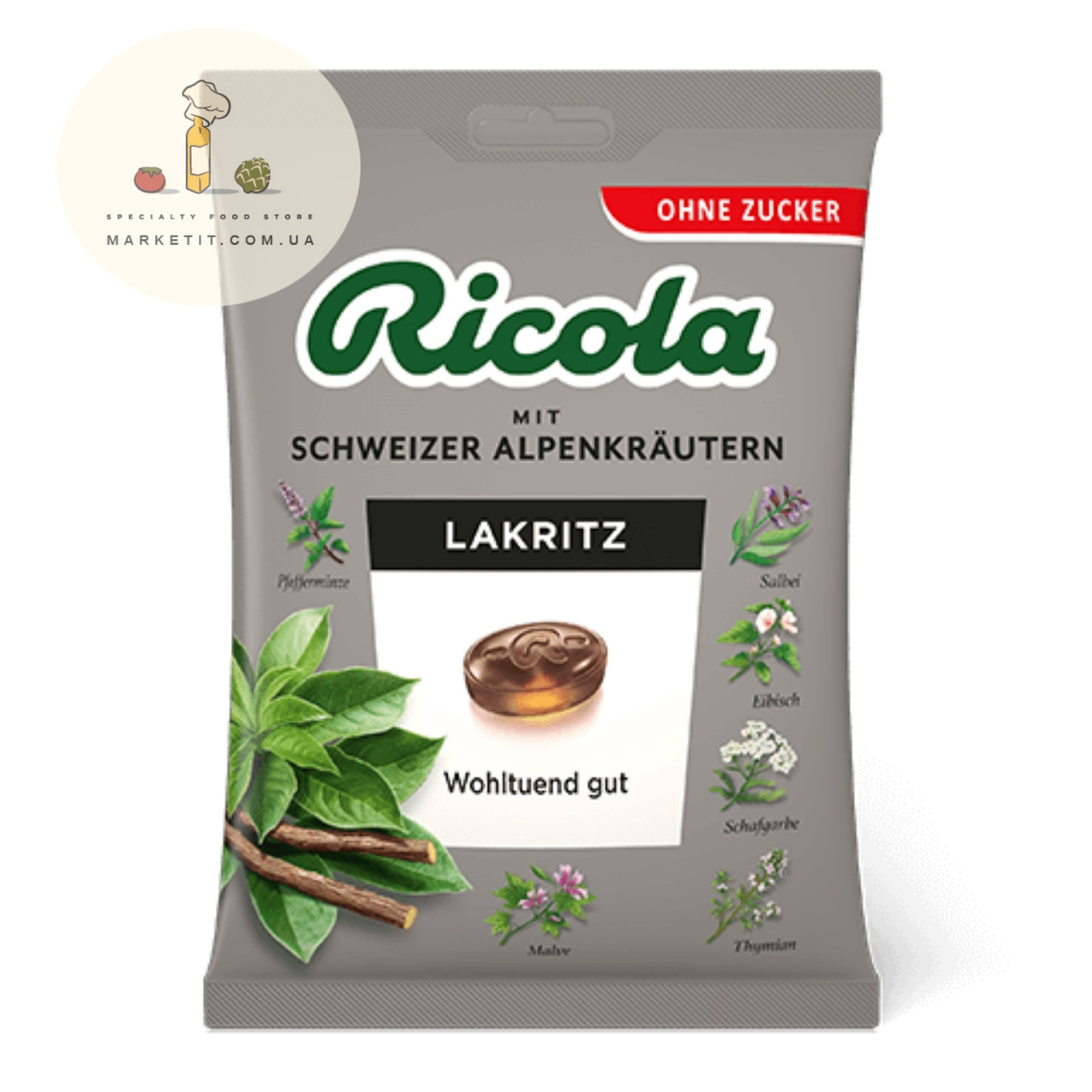 Льодяники Ricola Lakritz, альпійські трави з лакрицею без цукру 70 г.