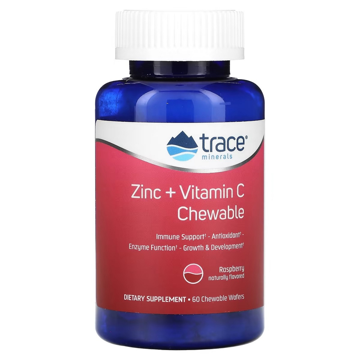 Підтримка імунітету з цинком і вітаміном С, смак малини, Zinc+Vitamin C, Trace Minerals, 60 жувальних
