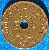 Монета Родезия и Ньясаленд 1\2 пенни 1955 г.