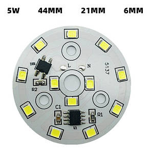 Світлодіодний LED-модуль 5Вт, 44мм AC220В плата для ремонту ламп 5Вт, теплий білий, фото 3