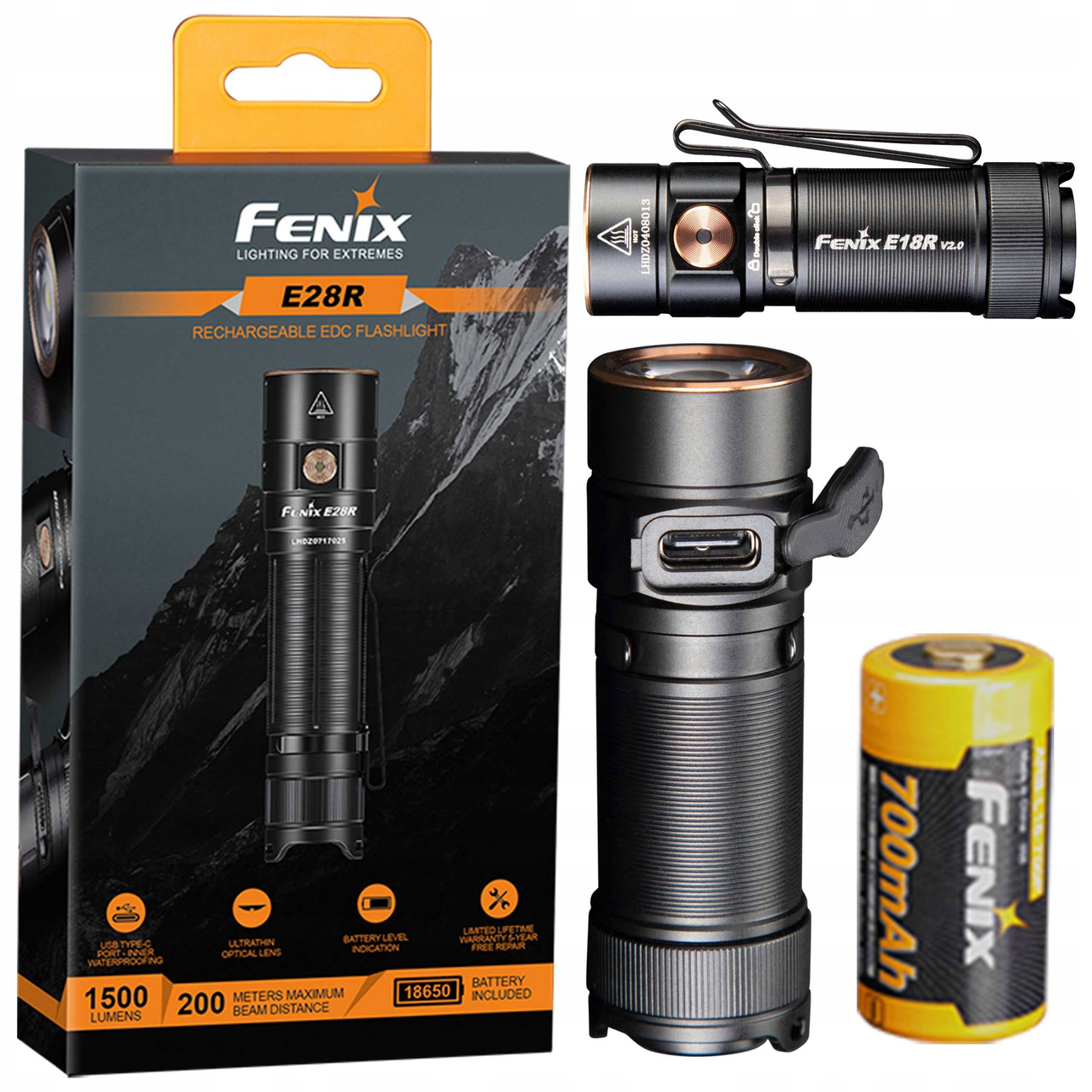 Ліхтар FENIX E18R V2.0 (1200LM, 700 mAh, Luminus SST40, Type-C, IP68, 200 годин, 146 метрів)
