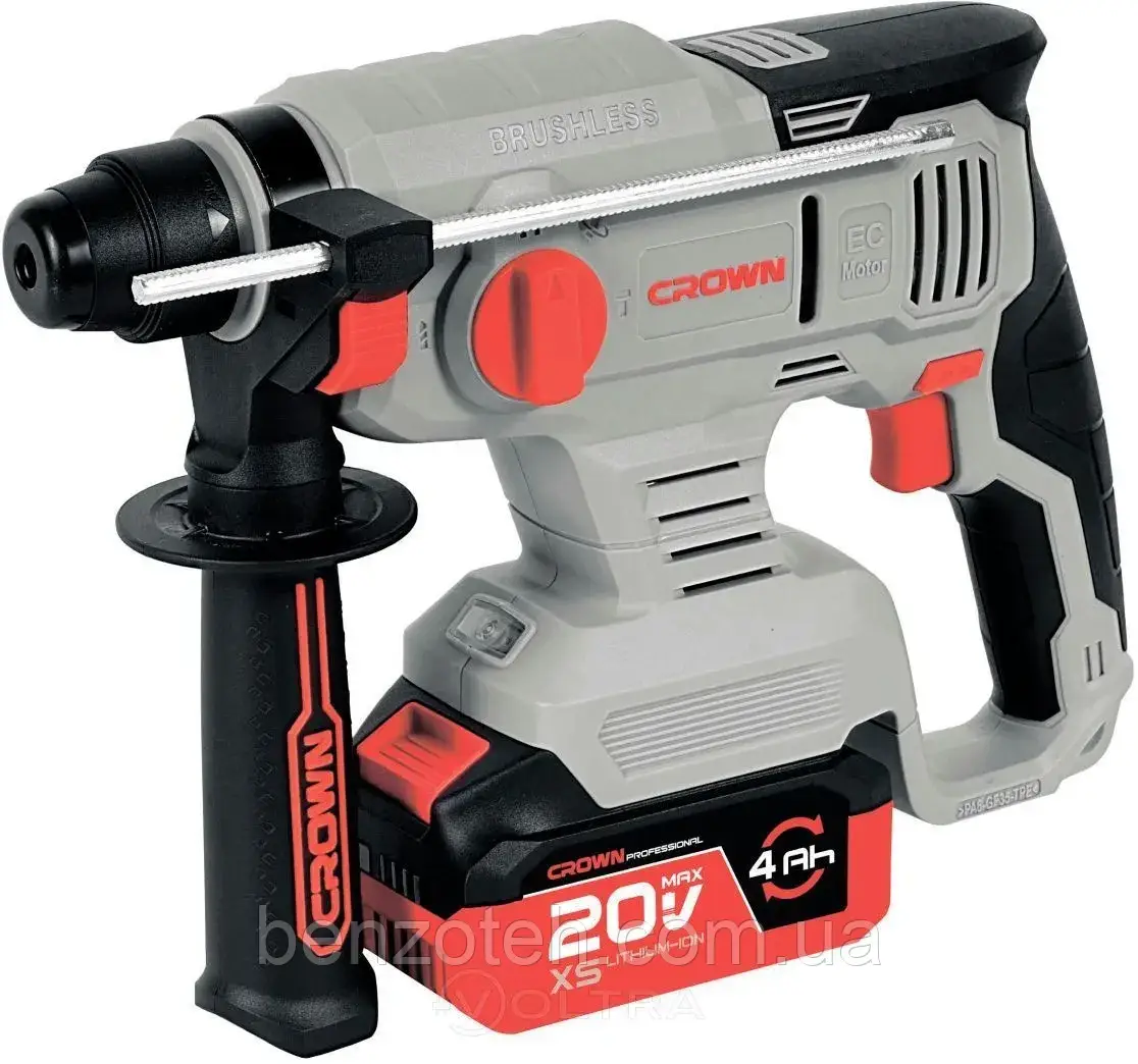 Перфоратор акумуляторний CROWN CT28010XS-4 BMC (2 АКБ 20 В/4.0 Ач, зарядне, кейс), фото 1