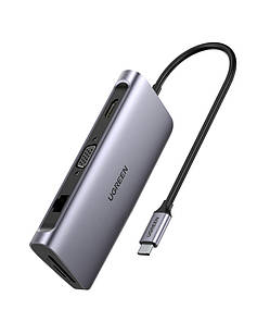 Док-станція USB3.0 Type-C --> USB 3.0x3/HDMI/VGA/RJ45/SD&TF/PD Ugreen CM179 Сіра