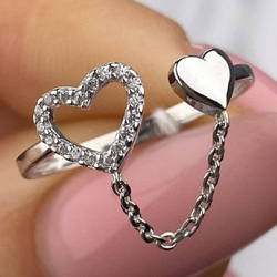 Срібне кільце родоване з фіанітами в формі сердечок з цепочкою РН-628